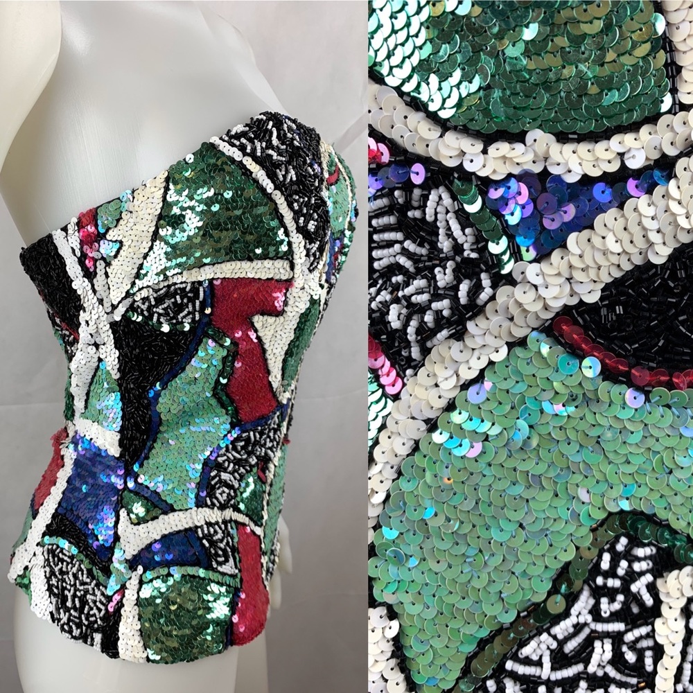 Oleg Cassini Silk Beaded Black Green Pink Bustier - Picture 4 of 7
